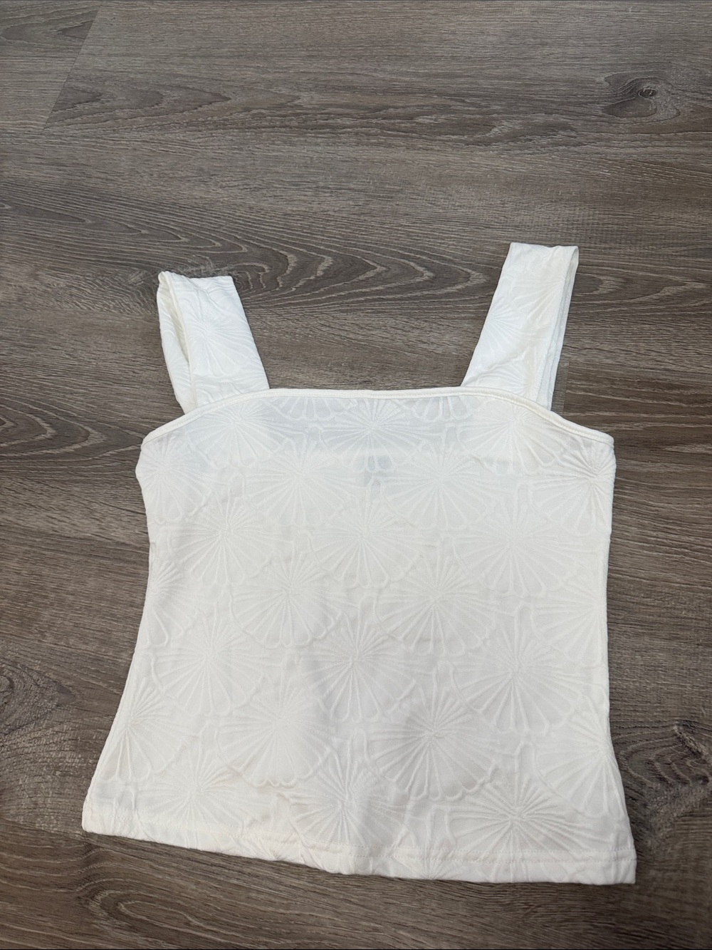 Square-Neck White Textured Tank Top with Wide Straps